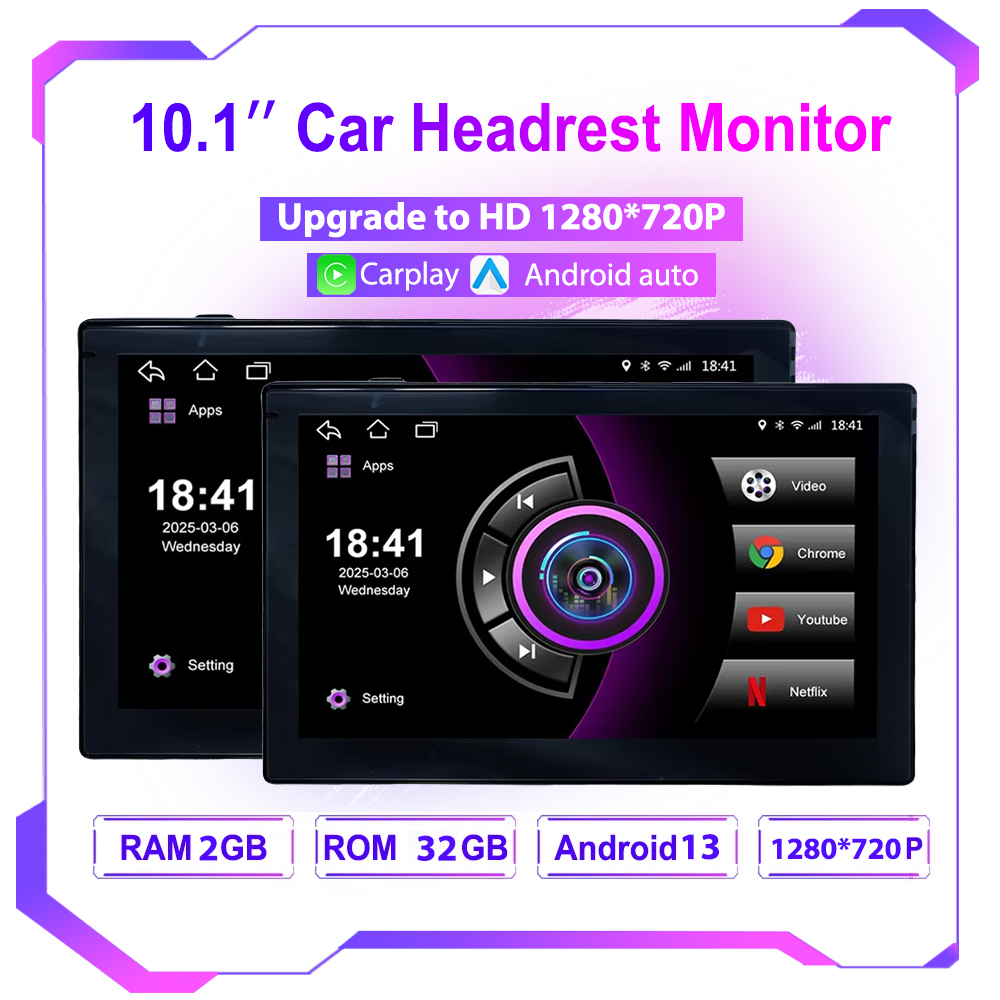 Car Multimedia Player Carplay Android Auto - インセル10.1インチ車載ヘッドレストモニター、後部座席用、Android 13搭載、ポータブルマルチメディアビデオプレーヤー、Carplay、Android Auto、HDMI入力対応