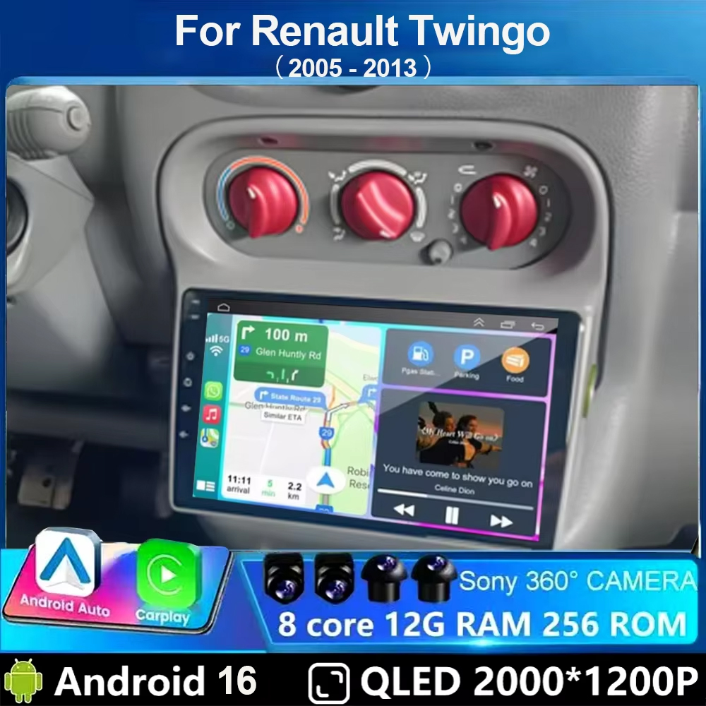Android Car Stereo 2 Din 8 Core - ルノー・トゥインゴ（2005年～2013年式）用 Android 16搭載 CarPlay対応ステレオ。CarPlay、オート画面表示、カーラジオ、インテリジェントシステム、GPSナビゲーション、GPS RDS機能を搭載。