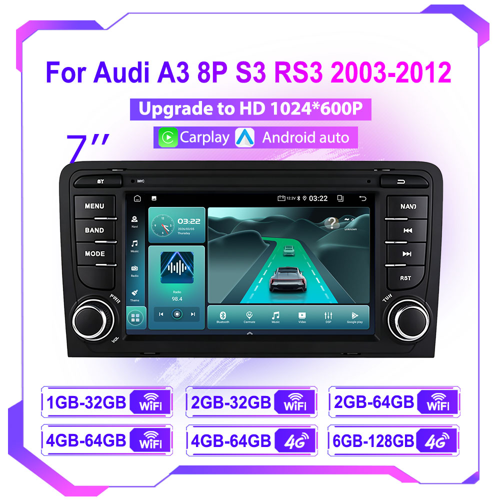 Android Head Unit 6Gb 128Gb - アウディA3 8P 2003-2011 S3 RS3用7インチカーラジオ マルチメディアGPSオートラジオプレーヤー