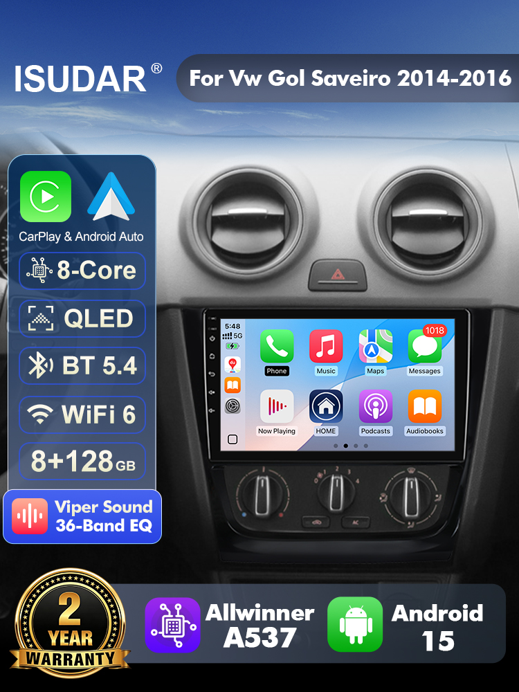 Android Head Unit 6Gb 128Gb - ISUDAR T57 Android 15 ラジオ。フォルクスワーゲン ゴル、サヴェイロ、ヴォヤージュ（2008年～2016年式）に対応。マルチメディアプレーヤー、CarPlay、Android