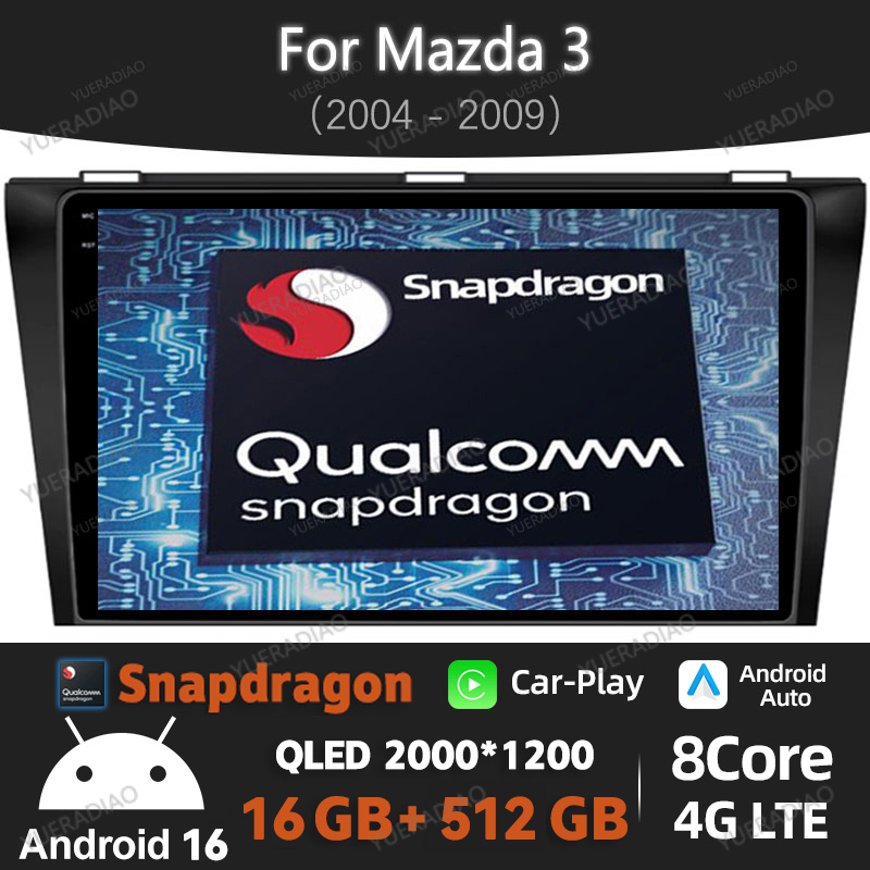 Android Car Stereo 2 Din 8 Core - マツダ3 I BK 2003-2009用Android 16カーラジオ、GPSナビ、2DINヘッドユニット、4G WIFI、QLED、Bluetooth、マルチメディアステレオ、ビデオプレーヤー、LTE