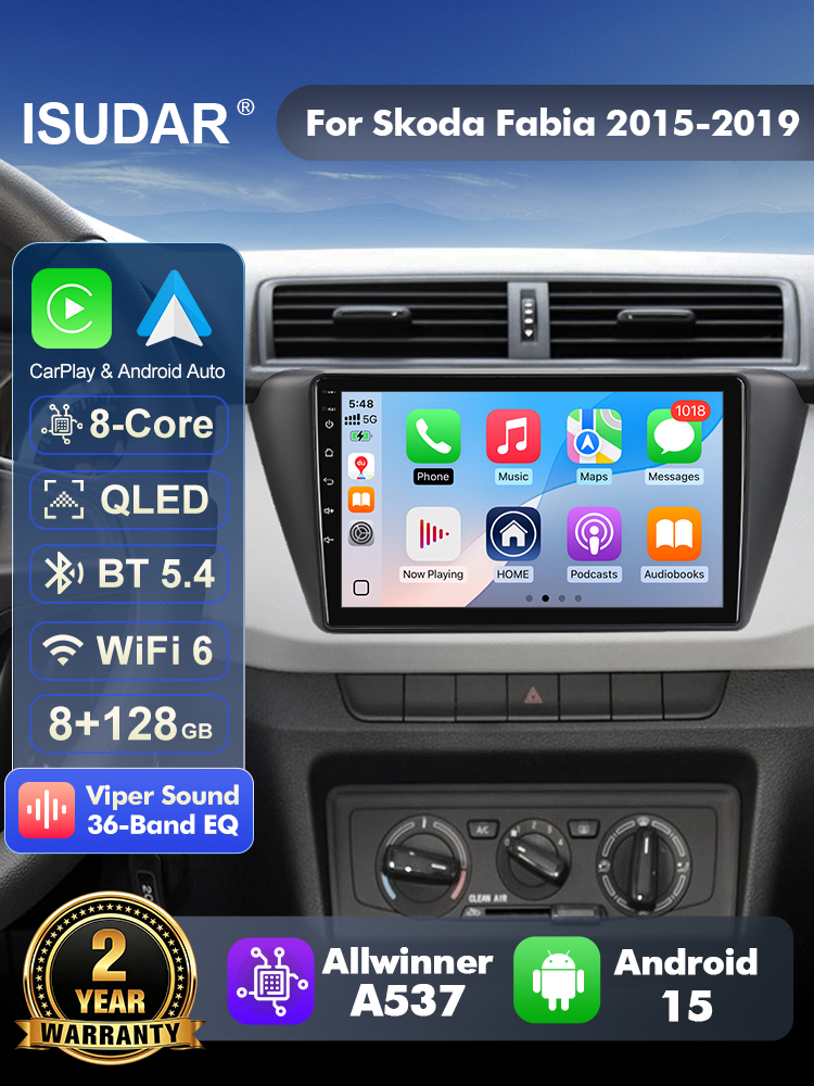Android Head Unit 6Gb 128Gb - ISUDAR T57 Android 15搭載ラジオ。シュコダ・ファビア3（III）2015-2019年モデル用。マルチメディアプレーヤー、CarPlay、Android Auto、ヘッドユニット、カメラ、DSP、ステレオ機能を搭載。