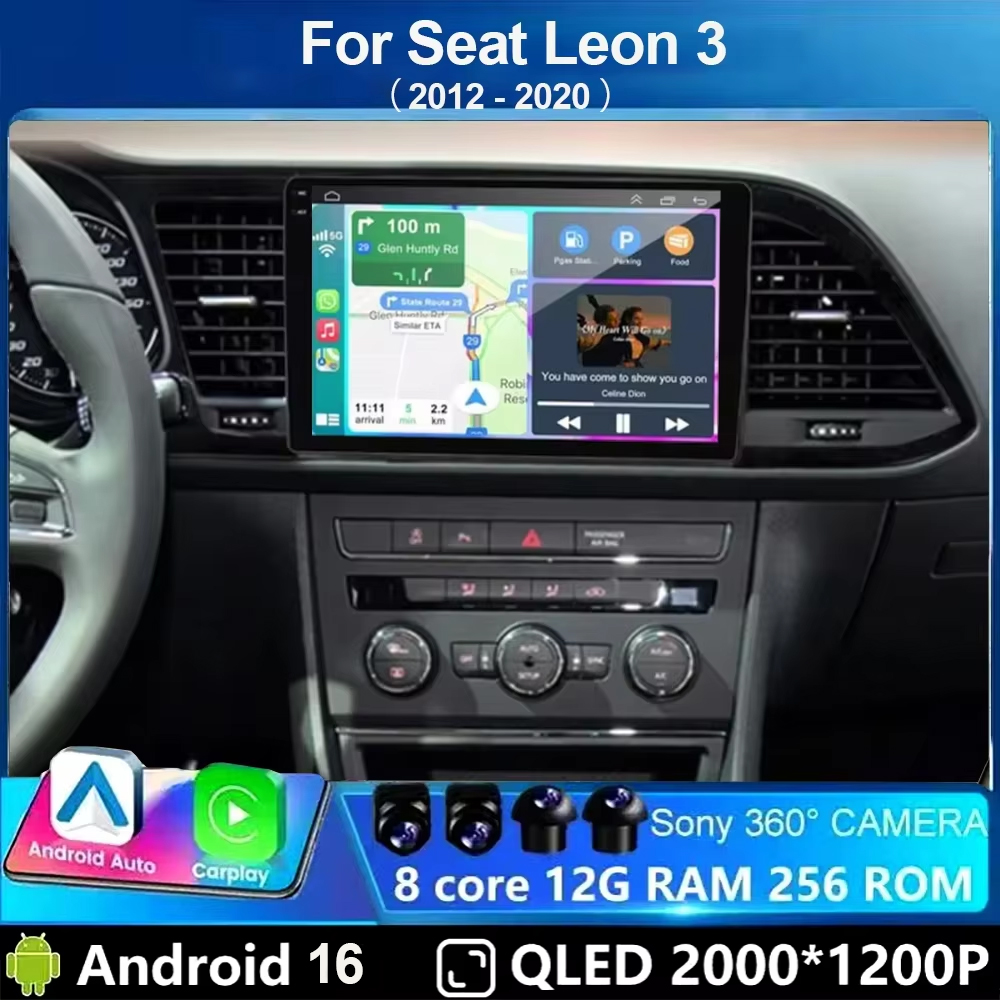 Android Car Stereo 2 Din 8 Core - シート・レオン3 MK3（2012年～2020年）用 Android 16搭載カーラジオ、CarPlay対応、オート機能、GPSナビゲーション、4G Wi-Fi、マルチメディアビデオプレーヤー、ステレオ、360度カメラ