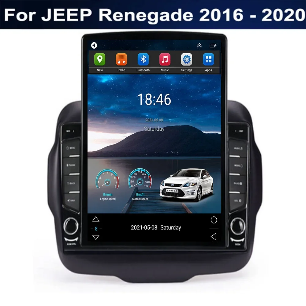 Tesla Style Screen Car Radio - テスラ風デザインのAndroid Auto対応2DINカーラジオ。Jeep Renegade 2016年、2017年、2018年、2019年モデルに対応。CarPlay、GPS、マルチメディアプレーヤー機能を搭載。