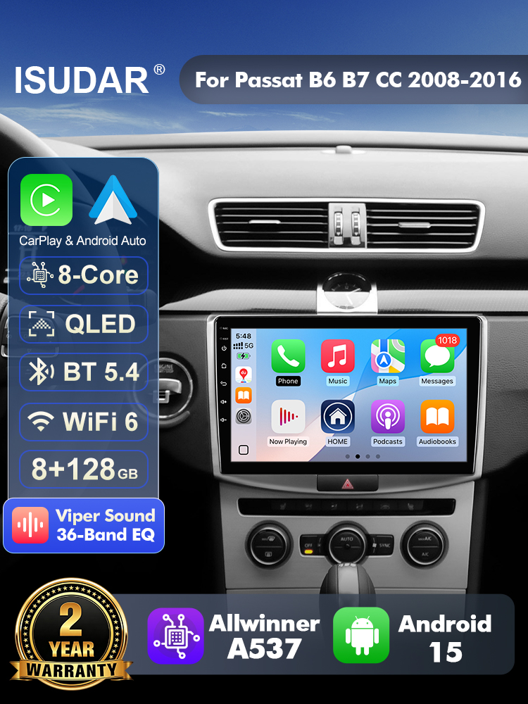 ISUDAR T57 Android 15 ラジオ。フォルク - Android Head Unit 6Gb 128Gb のレビューと価格